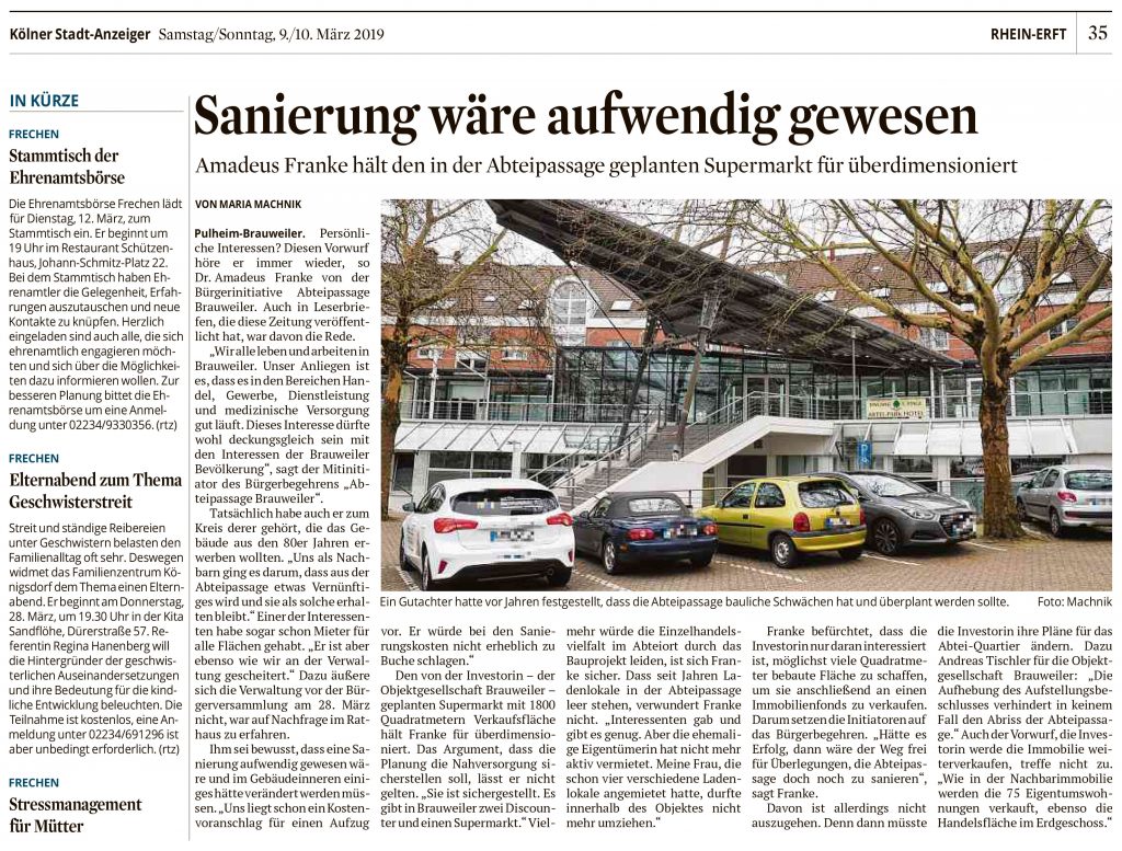 Sanierung wäre aufwändig gewesen. Artikel im Kölner Stadtanzeiger vom Wochenende 9./10. März 2019